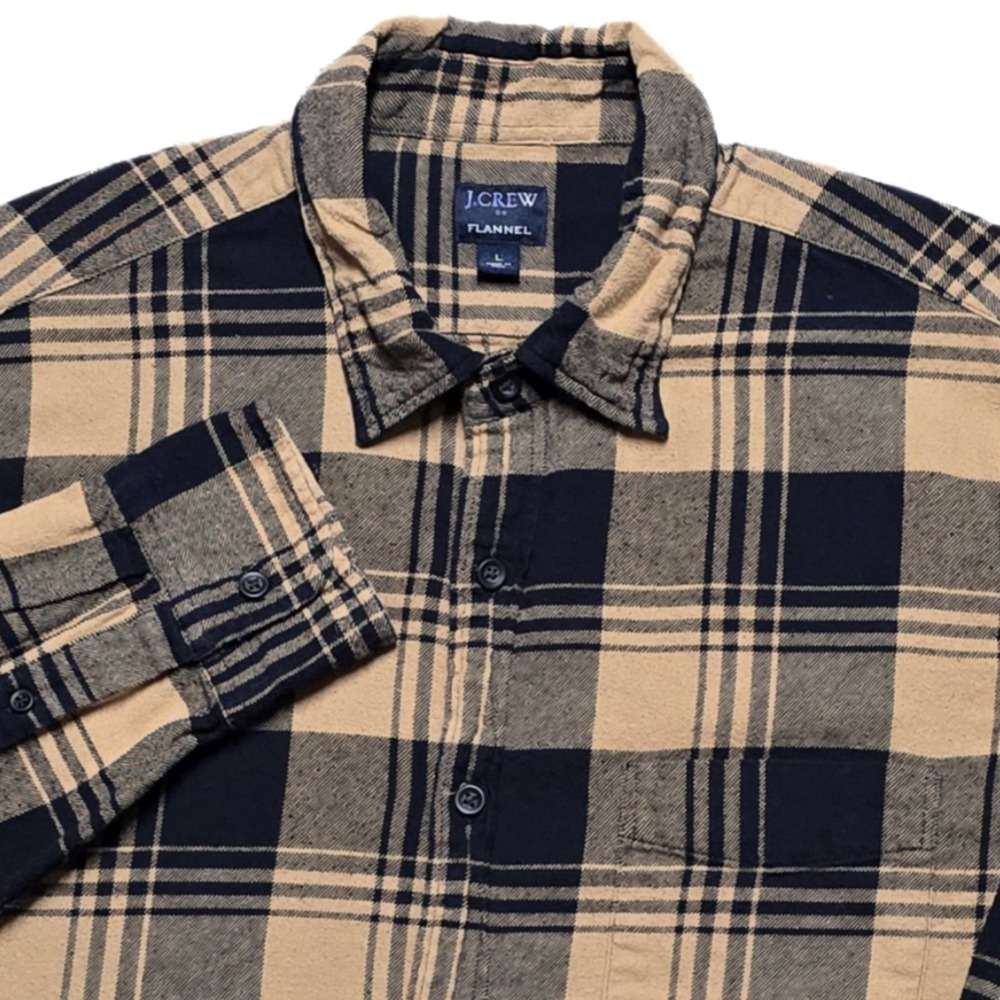 J Crew Classic Flannel Shirt‎ Mens Large Black Gold Plaid Midweight